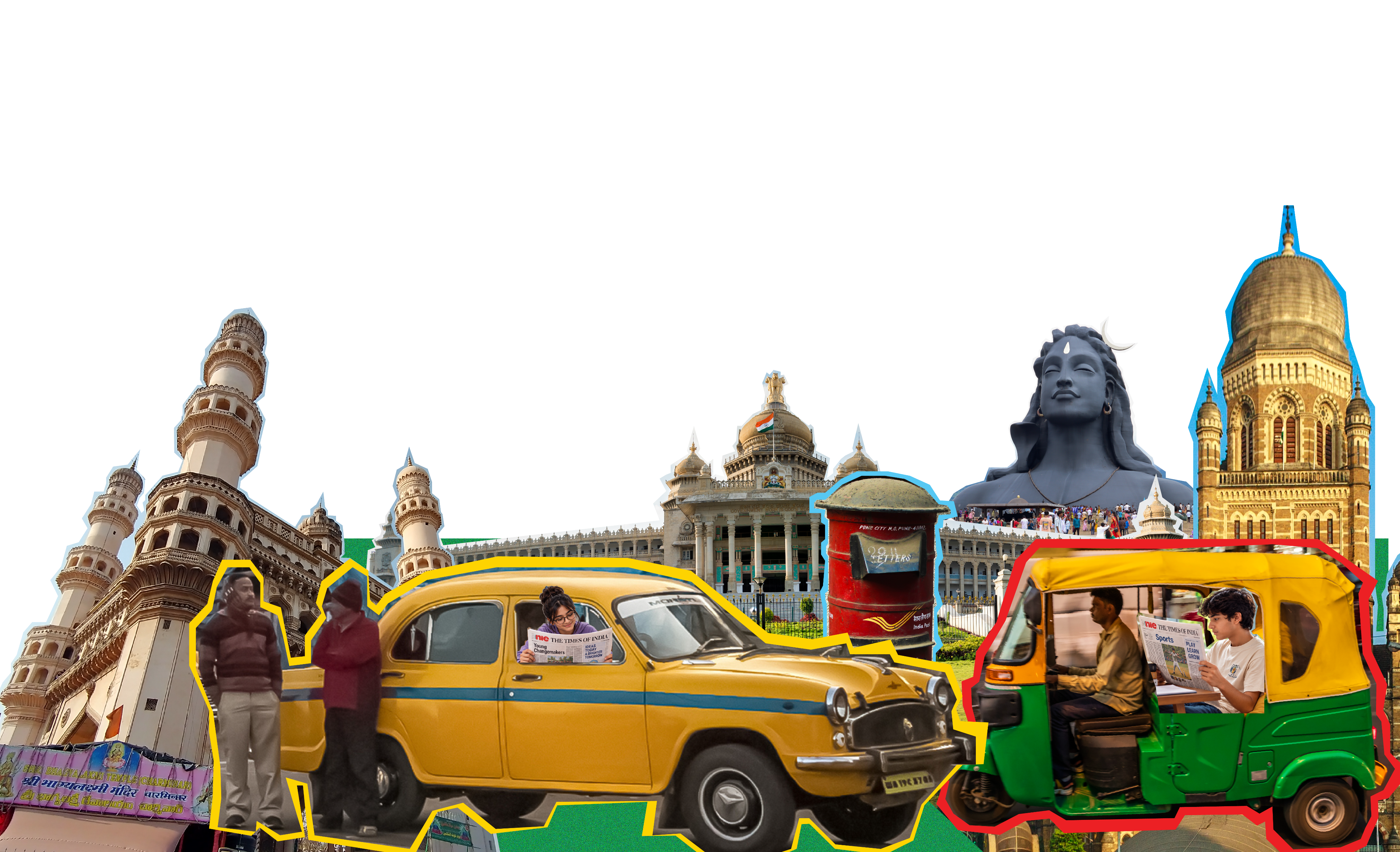 A collage of Indian landmarks, a newspaper reader in a taxi, and a reader in an auto rickshaw