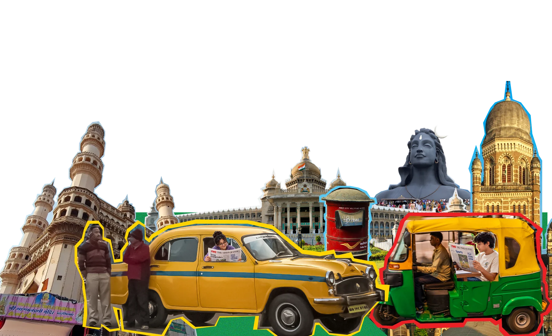 A collage of Indian landmarks, a newspaper reader in a taxi, and a reader in an auto rickshaw